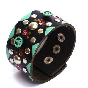NEW Adjustable Black Leather Cuff with Turquoise Peace Sign Studs Boho Jewelry